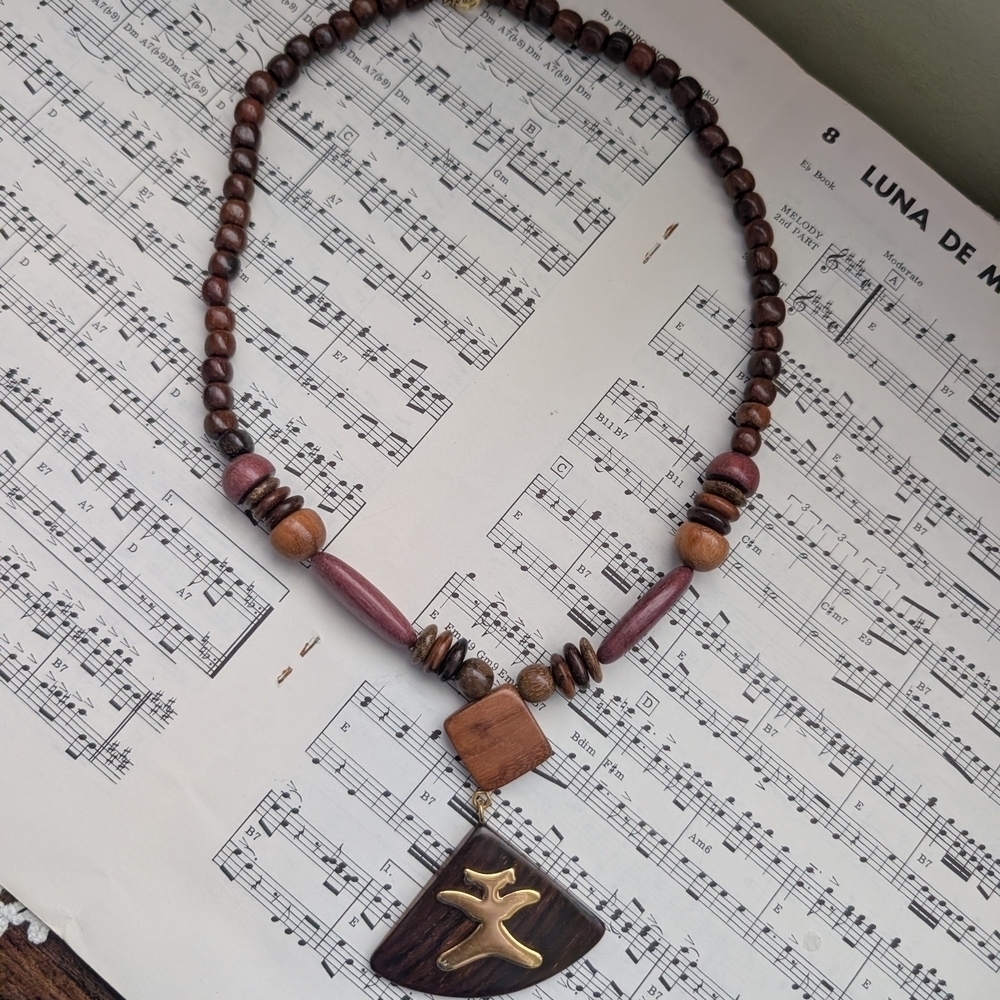Wooden Beaded Necklace with Gold Accent